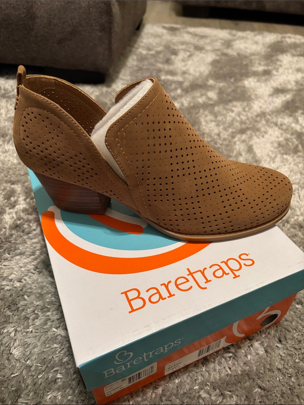 BareTraps Tan Perforated Low Block Heel Bootie